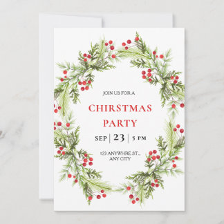 Green and Red Holiday Wreath Christmas Party Julkort
