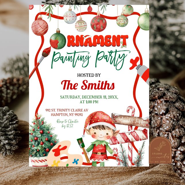 Green and Red Retro Kid's Ornament Painting Party Inbjudningar (Skapare uppladdad)