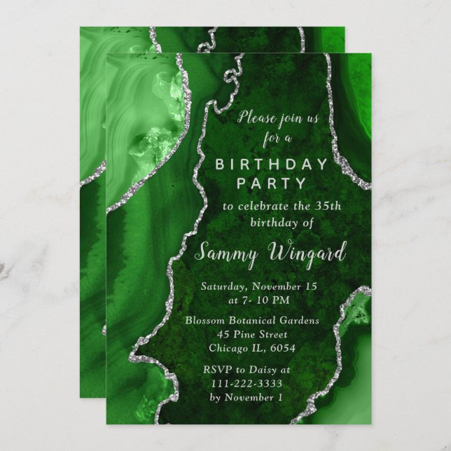 Green and Silver Agate Marble Birthday Party Inbjudningar (Fram/baksida)
