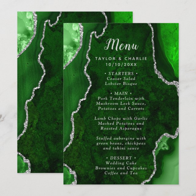 Green and Silver Agate Wedding Menu Meny (Fram/baksida)