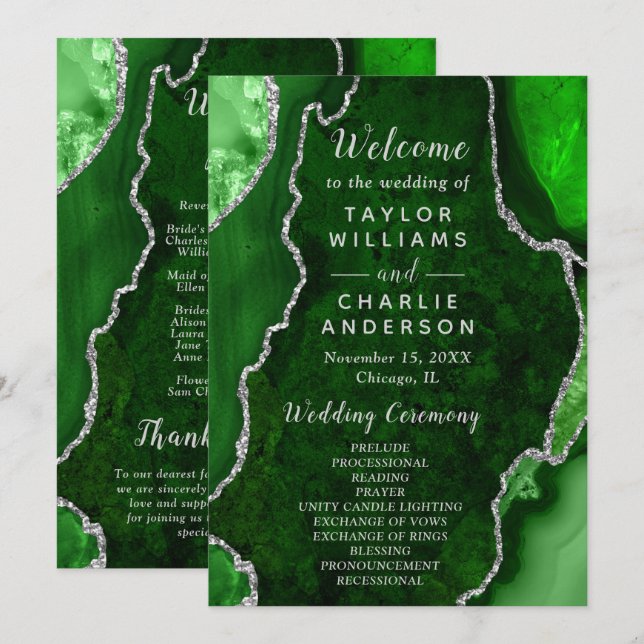 Green and Silver Agate Wedding Program (Fram/baksida)