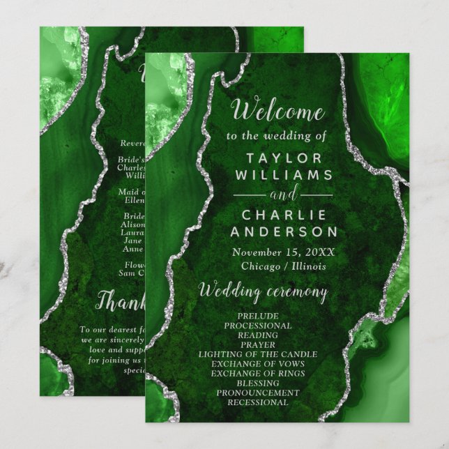 Green and Silver Agate Wedding Program (Fram/baksida)