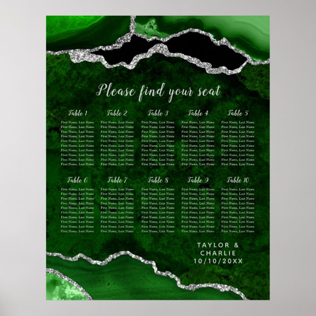 Green and Silver Agate Wedding Seating Chart Poster (Framsidan)