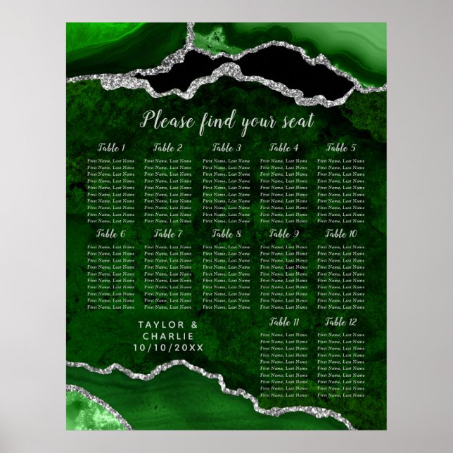 Green and Silver Agate Wedding Seating Chart Poster (Framsidan)