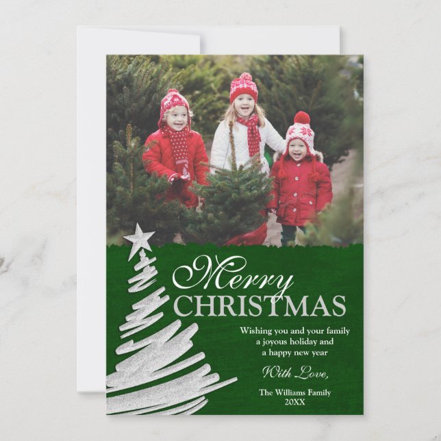 Green and Silver Christmas Tree Holiday Photo Card Julkort (Framsida)