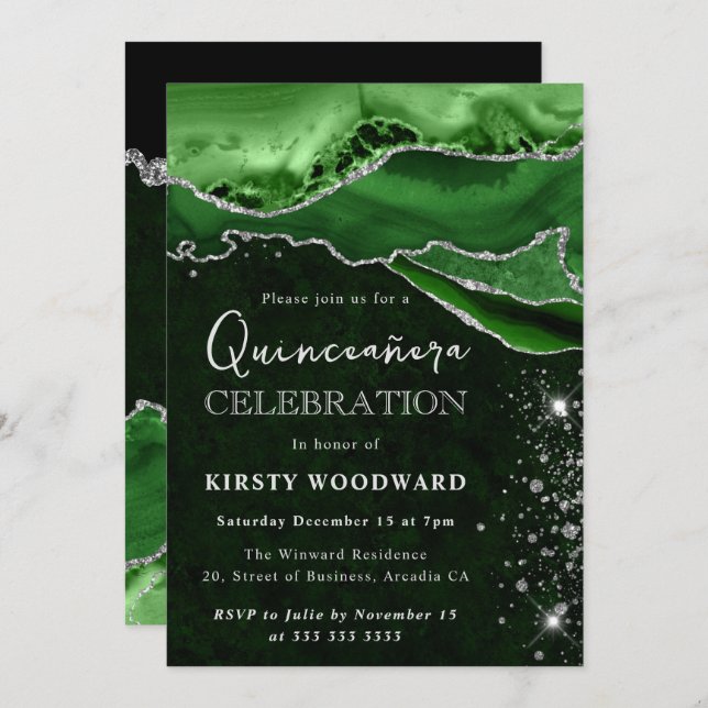 Green and Silver Glitter Agate Quinceanera Inbjudningar (Fram/baksida)