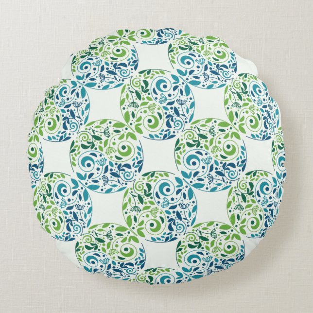 Green And Teal Garden Design Round Pillow Rund Kudde (Framsidan)