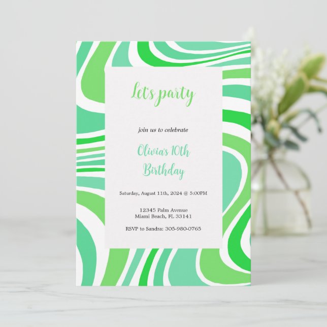 green and turquoise groovy invitation inbjudningar (Stående Fram)