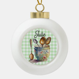"Green and White Checkered - Spoons in Cup Julgranskula Keramik