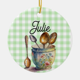 "Green and White Checkered - Spoons in Cup Julgransprydnad Keramik