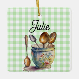 "Green and White Checkered - Spoons in Cup Julgransprydnad Keramik