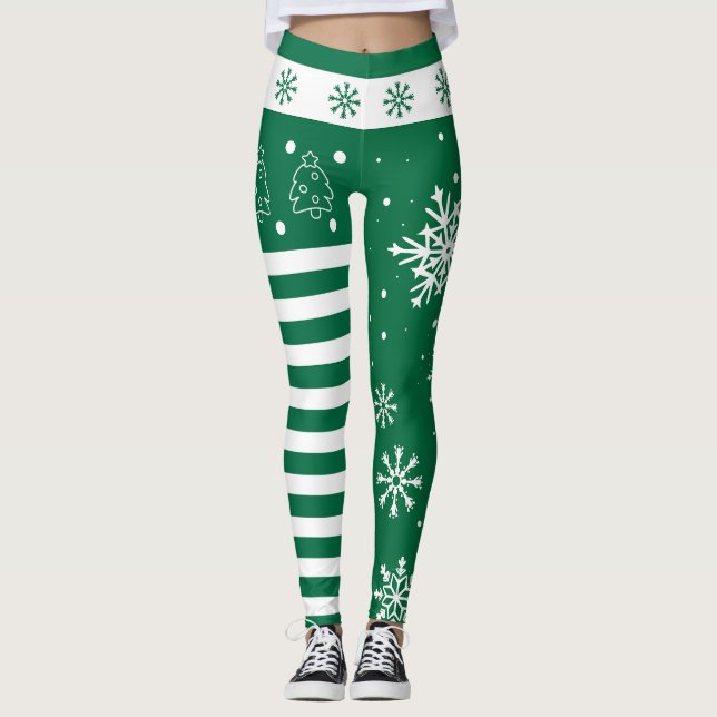 Green and White Christmas Leggings with Snowflakes (Framsida)