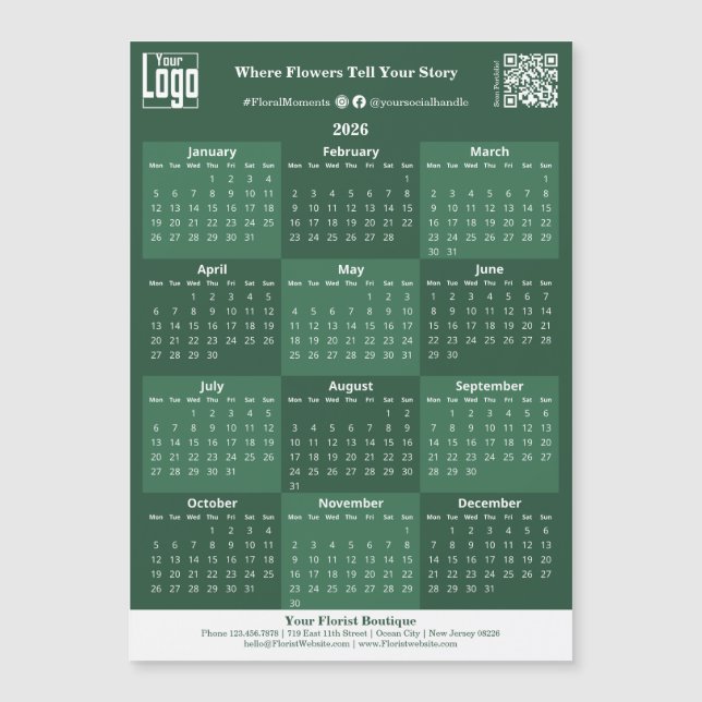 Green and White Custom Logo 2026 Calendar Magnet (Framsida)
