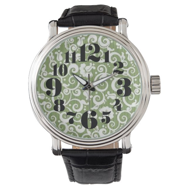 Green and White Floral Flourish Armbandsur (Framsida)