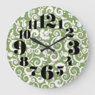 Green and White Floral Flourish Stor Klocka