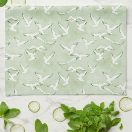 Green And White Seagull Beach Bird Pattern Kökshandduk