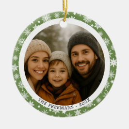 Green and White Snowflakes Family Christmas Photo Julgransprydnad Keramik