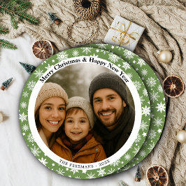 Green and White Snowflakes Holiday Photo Julkort