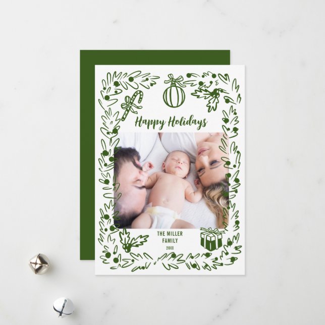 Green and white whimsical Christmas Photo Card Julkort (Fram/Back In Situ)