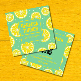 Green and Yellow Lemon Slice Pattern, QR Code Fyrkantigt Visitkort