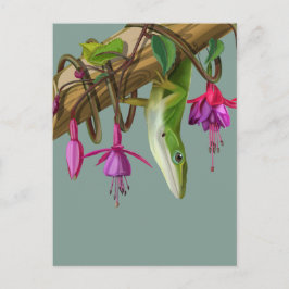 Green anole with Fuchsias Vykort