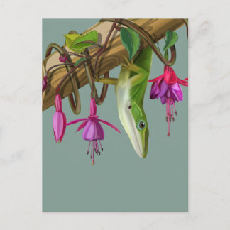 Green anole with Fuchsias Vykort
