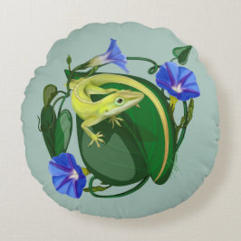 Green Anole with Morning Glory Rund Kudde