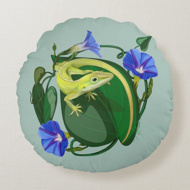 Green Anole with Morning Glory  Rund Kudde (Framsidan)