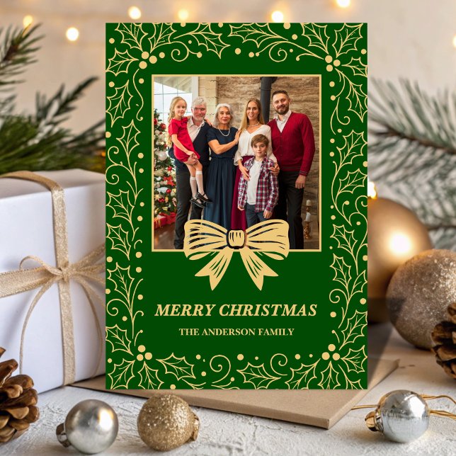 Green & Antique-Gold Bow Family Christmas Photo Julkort (Skapare uppladdad)
