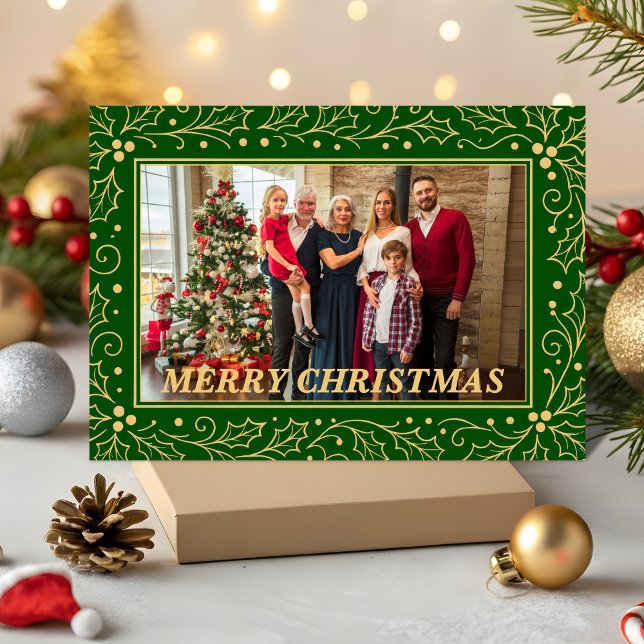Green & Antique-Gold Family Christmas Photo Julkort (Skapare uppladdad)