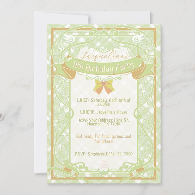 Green Art Nouveau Princess Birthday Invitation Inbjudningar (Framsida)