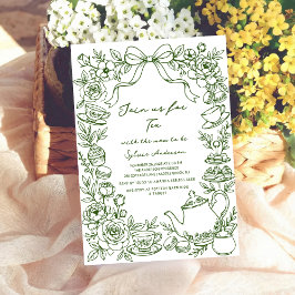 green baby shower tea bow hand drawn inbjudningar