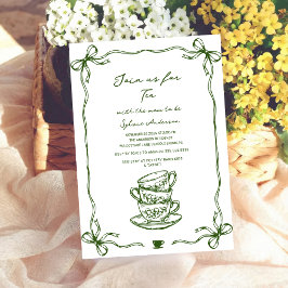 green baby shower tea bow hand drawn inbjudningar