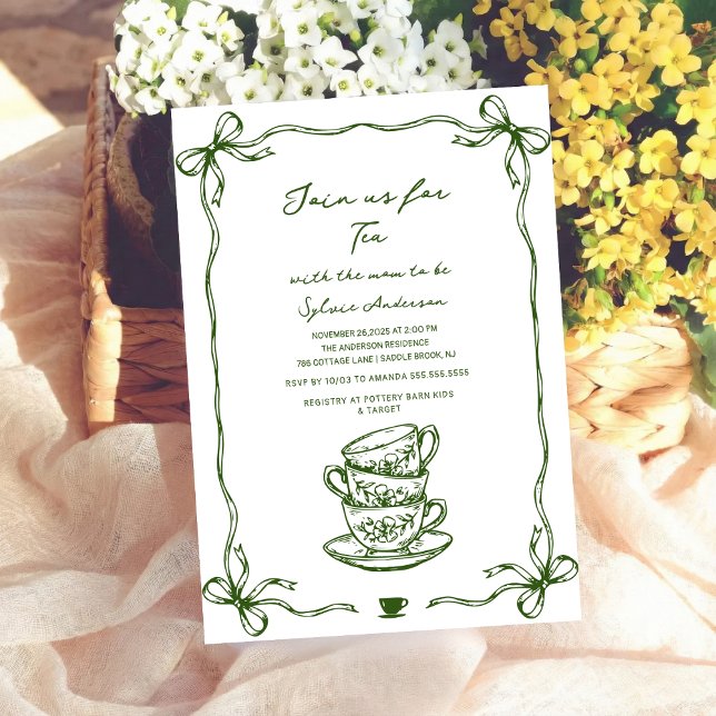 green baby shower tea bow hand drawn inbjudningar (Skapare uppladdad)