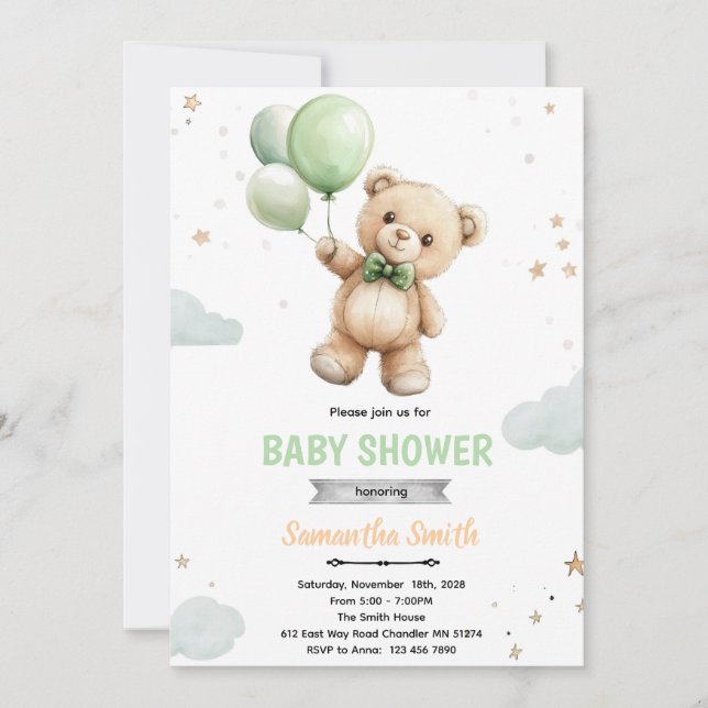 Green balloon bear baby shower invitation inbjudningar (Framsida)