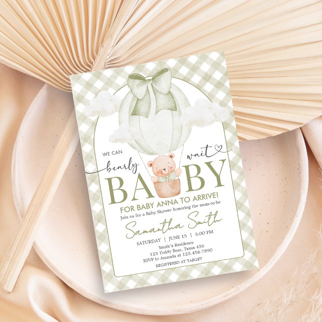Green Bear Bearly Wait Baby Shower Inbjudningar (Sage Green Bear Hot Air Balloon Baby Shower Invitation)