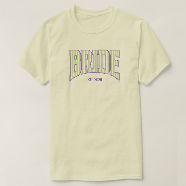 Green + Beige Stripe Purple Varsity BRIDE T Shirt (Design framsida)
