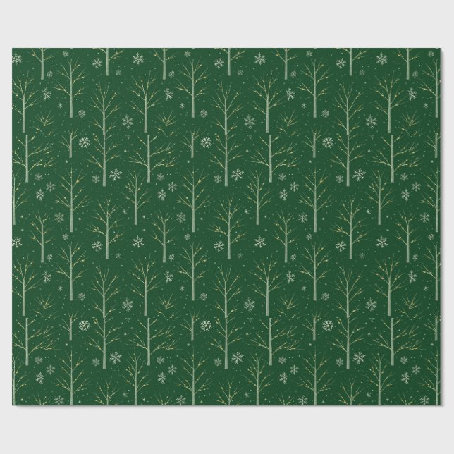 Green Birch Tree  – Winter Snowflake & Warm Light  Presentpapper (Platt)