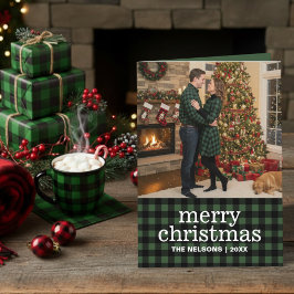 Green & Black Buffalo Plaid Merry Christmas Photo Helgkort