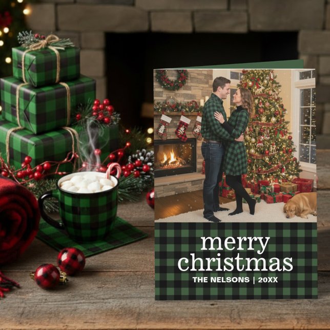 Green & Black Buffalo Plaid Merry Christmas Photo  Helgkort (Skapare uppladdad)