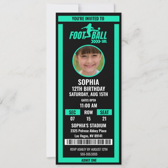 Green Black Football Ticket Birthday Photo Inbjudningar (Framsida)
