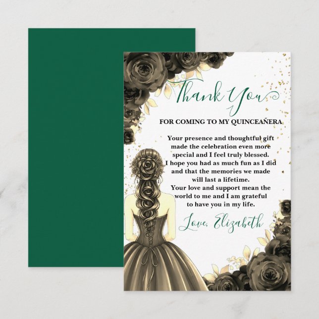 Green & Black Quinceañera Custom Thank You Card Tack Kort (Fram/baksida)
