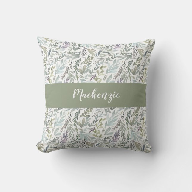 Green Blue Botanical Watercolor Monogram Name Kudde (Framsida)