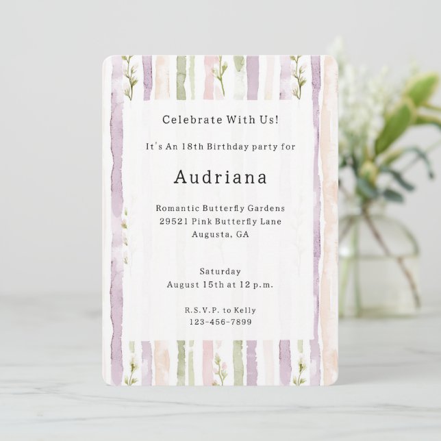 Green Blush Pink Purple Floral Stripes Birthday  Inbjudningar (Stående Fram)
