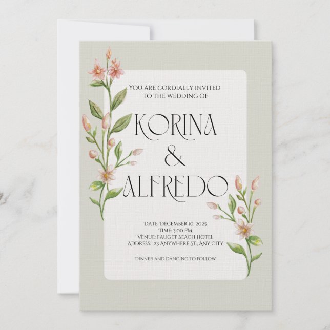 Green Boho Watercolor Botanical Wedding Invitation Inbjudningar (Framsida)