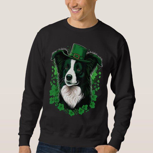 Green Border Collie shamrock St Patricks Day Borde Lång Ärmad Tröja (Framsida)