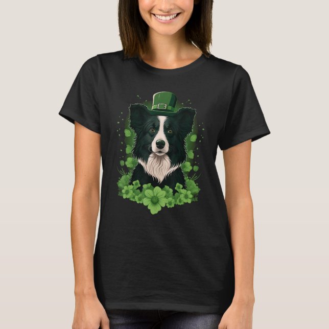 Green Border Collie shamrock St Patricks Day Borde T Shirt (Framsida)