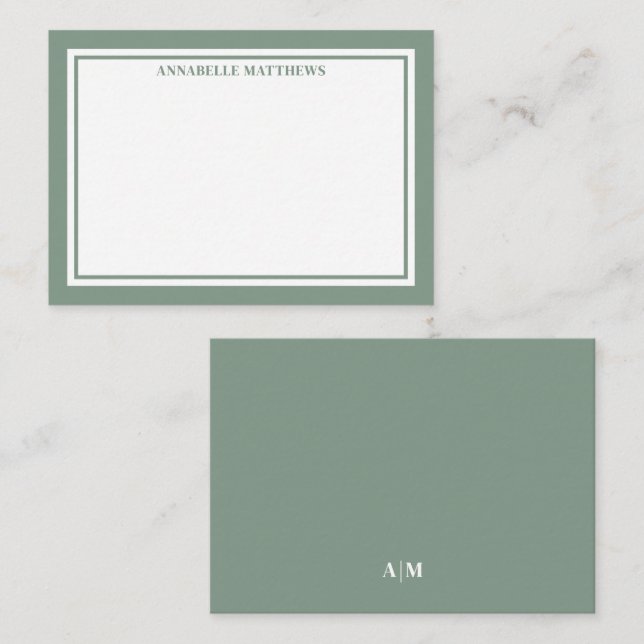 Green Border Minimalist Name Monogram Anteckningskort (Fram/baksida)