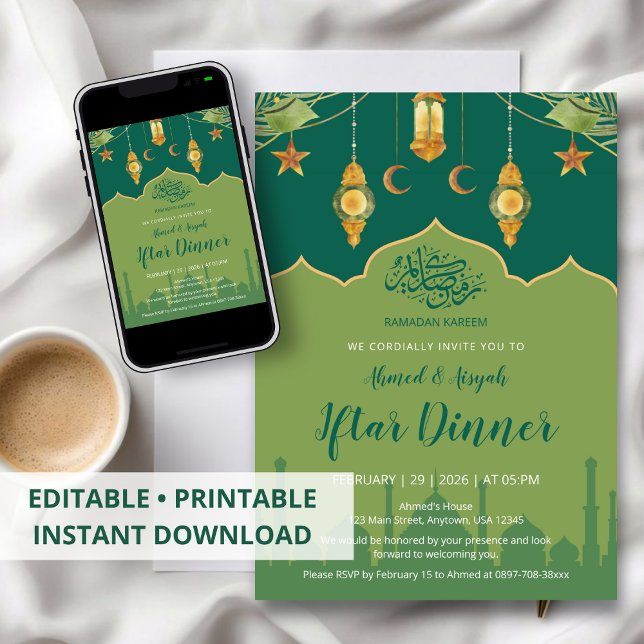 Green Botanical Mosque and Gold Lanterns Iftar Inbjudningar (Skapare uppladdad)