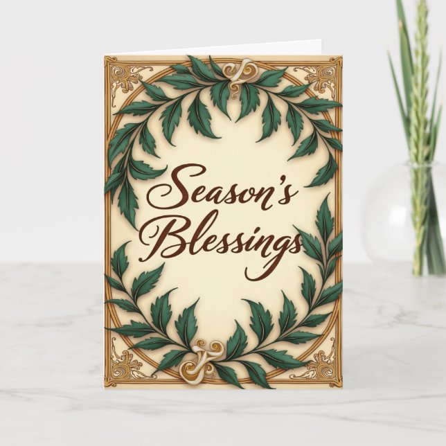 Green Botanical Seasons Blessings Christmas  Kort (Framsida)